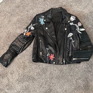 Blank NYC Black Leather Floral Embroidered Moto Jacket